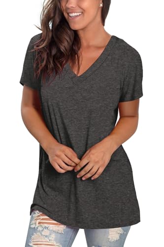 Sipaya Women T Shirts V Neck Short Sleeve Plain Tops Solid Color Casual Tshirts for Girls Grey L - Image 3
