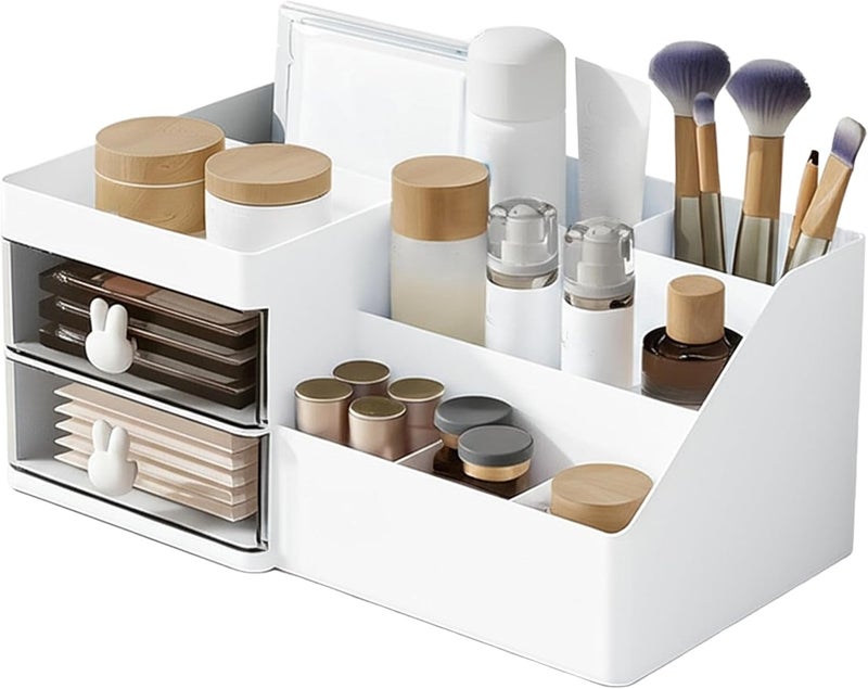 White Makeup Organizer with Drawer Office Desktop Storage Box Cosmetic Brush Holder Plastic Vanity Organizer Beauty Organiser Desk Organizer for Countertop Bathroom Bedroom