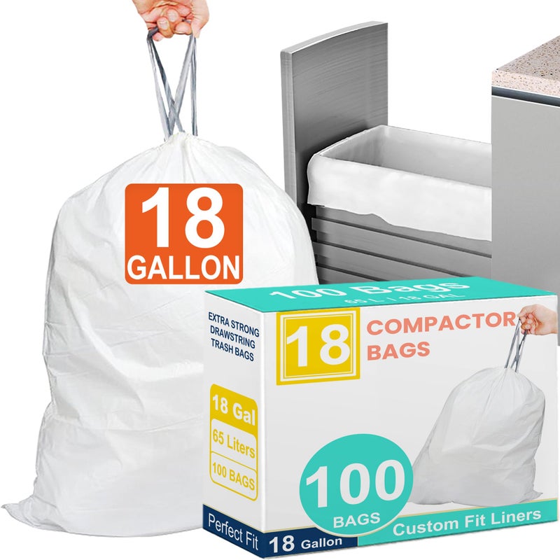 Reliable1st 18 Gallon 100 Count Compactor Kitchen Trash Bags Heavy Duty Reinforced Drawstring 1.2 Mil THICK Fits 18 Gallon Compatible with Kitchenaid, Whirpool, GE 15 Inch Compactors Leak Resistant - Image 1