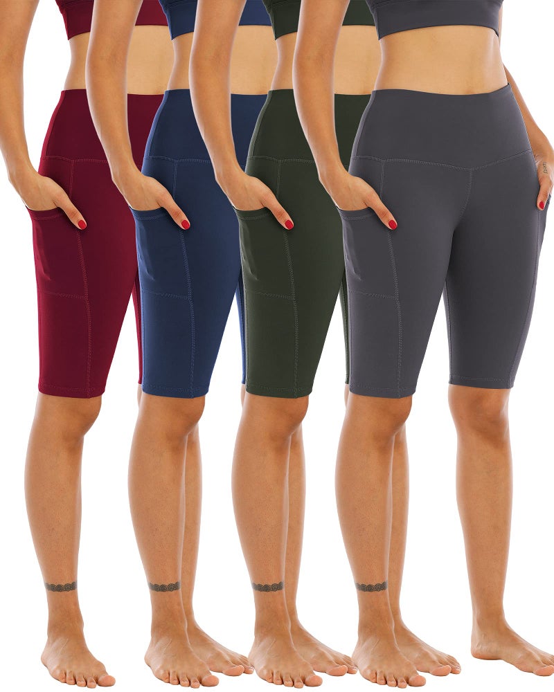 WHOUARE 4 Pack Biker Yoga Shorts with Pockets for WomenHigh Waisted Athletic Running Workout Gym Shorts Tummy ControlArmy GreenNavyDark GrayBurgundyM