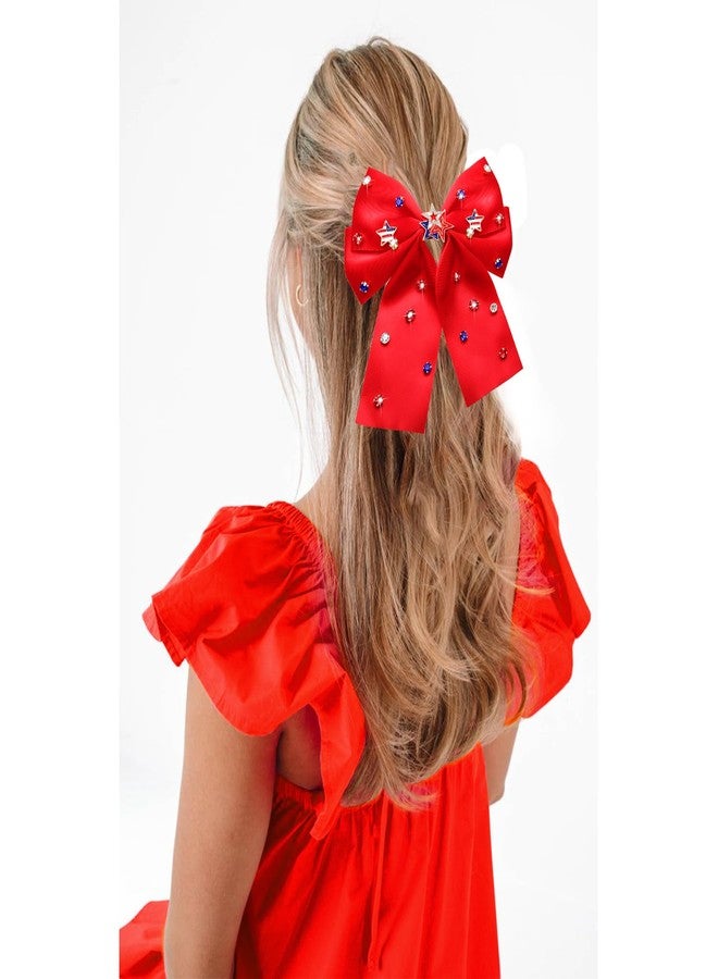 CEALXHENY 4th of July Accessories Hair Bows for Women Silky Satin Red Hair Bows American Flag Star Bows Patriotic Hair Ribbon Bow Clips USA Fourth Of July Hair Accessories Outfits Gifts Party Favors (Red) - Image 3