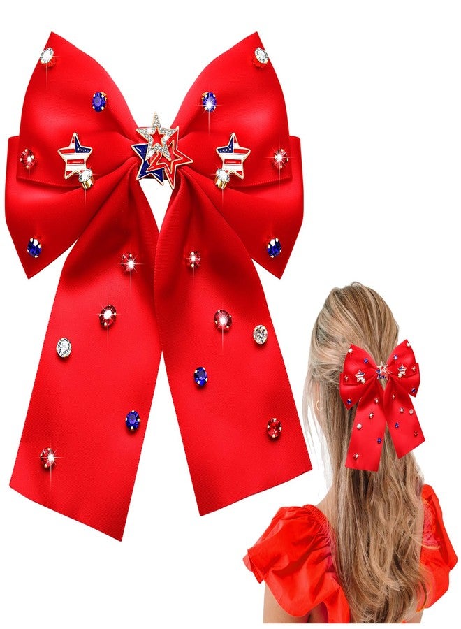 CEALXHENY 4th of July Accessories Hair Bows for Women Silky Satin Red Hair Bows American Flag Star Bows Patriotic Hair Ribbon Bow Clips USA Fourth Of July Hair Accessories Outfits Gifts Party Favors (Red) - Image 1