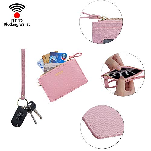 Aiyo Nice Women Slim RFID Card Case Holder Wristlet Zip ID Case Wallet Small Leather Wallet Coin Purse with Keychain (Pink) - Image 5