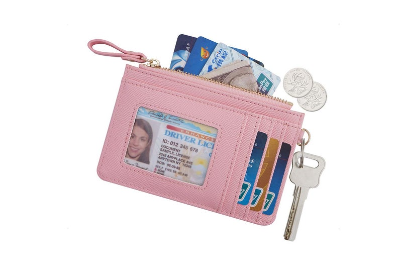 Aiyo Nice Women Slim RFID Card Case Holder Wristlet Zip ID Case Wallet Small Leather Wallet Coin Purse with Keychain (Pink) - Image 2