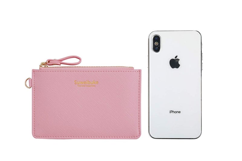 Aiyo Nice Women Slim RFID Card Case Holder Wristlet Zip ID Case Wallet Small Leather Wallet Coin Purse with Keychain (Pink) - Image 3