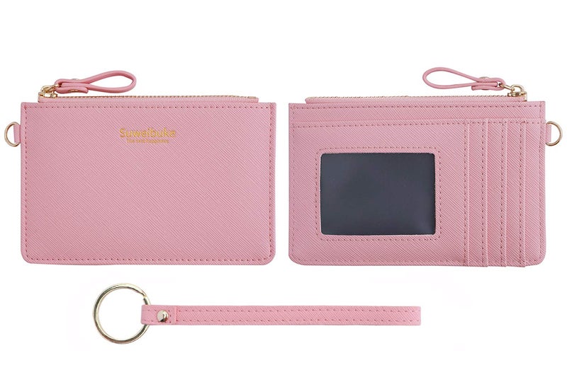 Aiyo Nice Women Slim RFID Card Case Holder Wristlet Zip ID Case Wallet Small Leather Wallet Coin Purse with Keychain (Pink) - Image 4