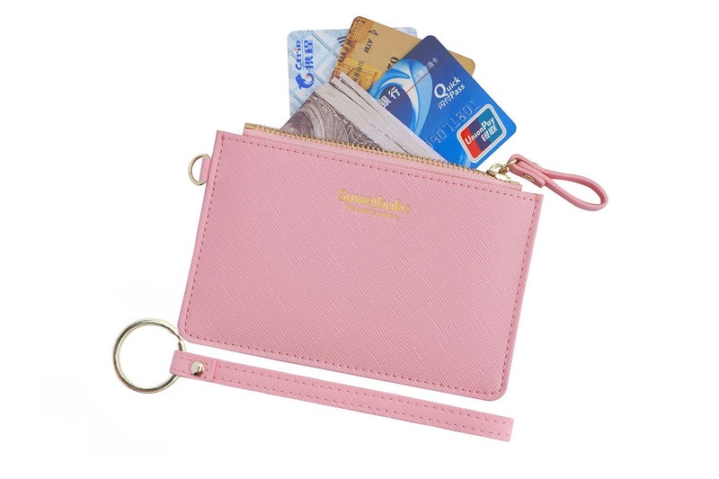 Aiyo Nice Women Slim RFID Card Case Holder Wristlet Zip ID Case Wallet Small Leather Wallet Coin Purse with Keychain (Pink) - Image 1
