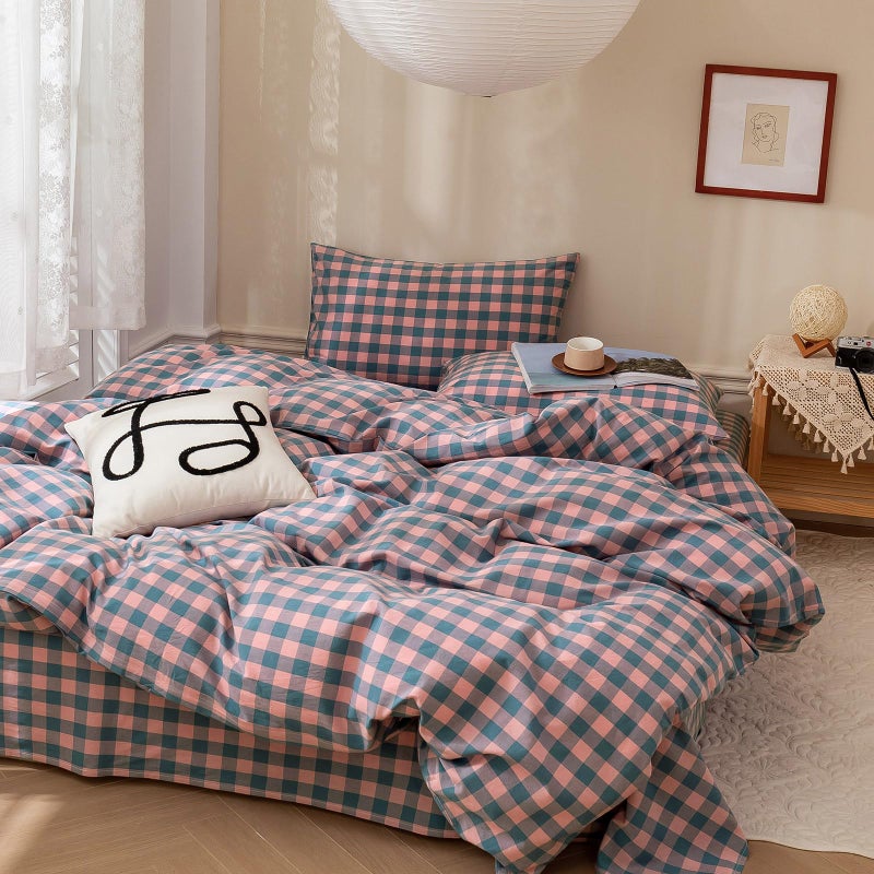 LifeTB Twin Xl Comforter Set Purple Pink Plaid Bedding Comforter With 2 Pillowcases Geometric Checkered Pattern Comforter Set For All Season Fluffy Soft Lightweight Bedding Comforter Twin Xl Size - Image 2