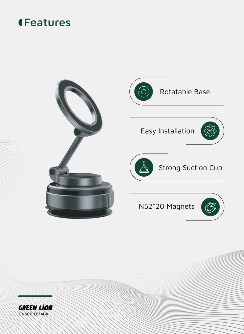 GREEN LION Car Phone Holder GX-34 Suction Phone Holder with MagSafe Compatibility, 1.5kg Adsorption Force, N52 Magnets, 360° Rotation, Adjustable Mount, 16-65 kPa Pressure - Black  - Image 2