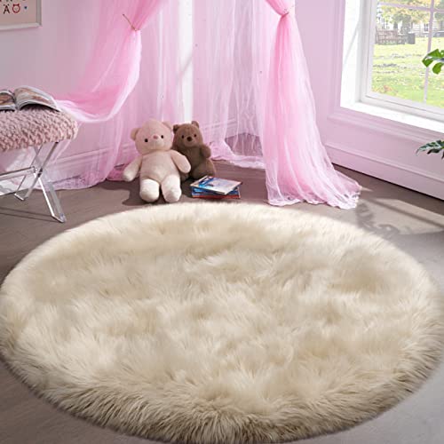 Tangsoo Modern Beige 3' (Round) Faux Fur Area Rug, High Pile, Fluffy, Non Slip, Washable, Machine Made, Indoor, Bedroom, Living Room, Nursery Room, Study Room - Image 3