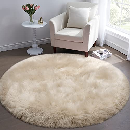 Tangsoo Modern Beige 3' (Round) Faux Fur Area Rug, High Pile, Fluffy, Non Slip, Washable, Machine Made, Indoor, Bedroom, Living Room, Nursery Room, Study Room - Image 2
