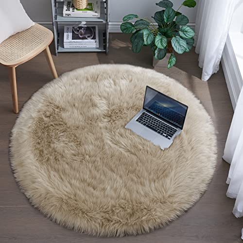 Tangsoo Modern Beige 3' (Round) Faux Fur Area Rug, High Pile, Fluffy, Non Slip, Washable, Machine Made, Indoor, Bedroom, Living Room, Nursery Room, Study Room - Image 1