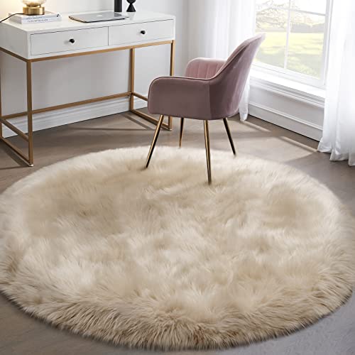 Tangsoo Modern Beige 3' (Round) Faux Fur Area Rug, High Pile, Fluffy, Non Slip, Washable, Machine Made, Indoor, Bedroom, Living Room, Nursery Room, Study Room - Image 5