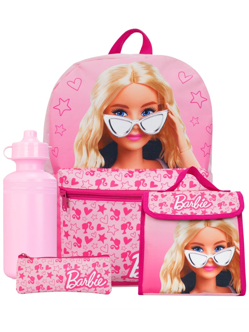 Barbie Backpack 4 Piece Set | Girls School Bag Set | Girls Backpack Lunch Bag Water Bottle and Pencil Case | One Size Pink - Image 1