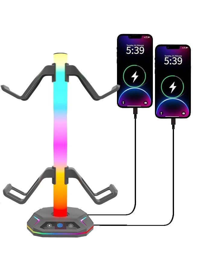 حامل سماعة رأس RGB، حامل وحدة تحكم الألعاب، حامل سماعة رأس للألعاب على المكتب مع 10 أوضاع إضاءة و2 شحن USB و1 من النوع C، ميزة الذاكرة لألعاب الكمبيوتر وملحقات سماعات الأذن على المكتب - Image 1