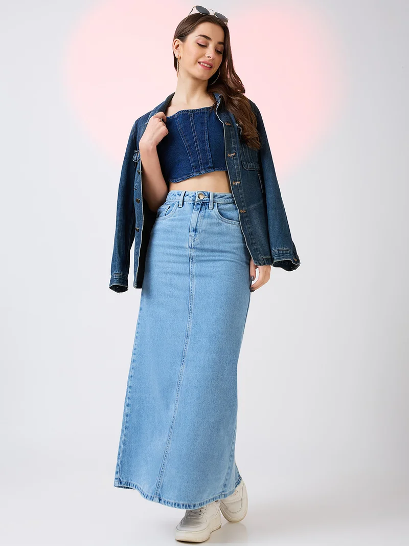 globus Women Stretchable Mid Rise Back Slit Maxi Denim Pencil Skirt