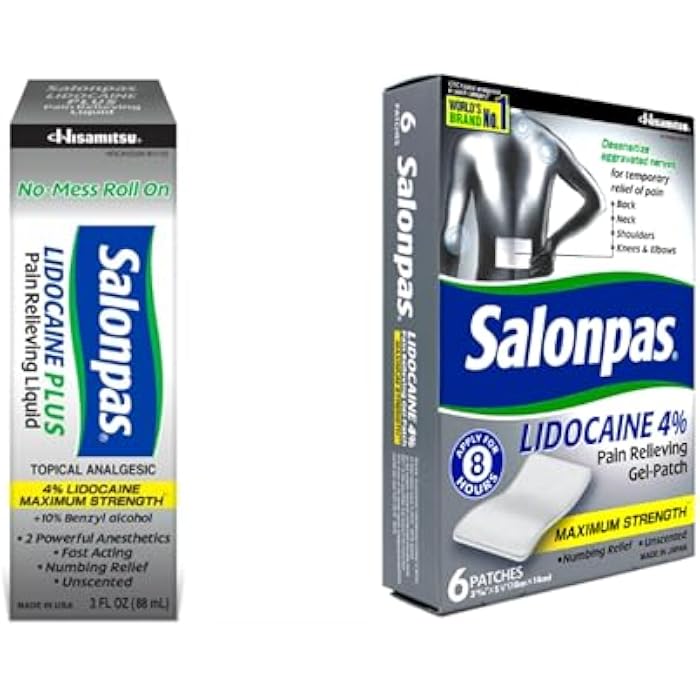 Salonpas LIDOCAINE Gel-Patch and LIDOCAINE Plus 3 oz ROLL ON Pain Relieving Liquid! Bundle Pack - Image 1