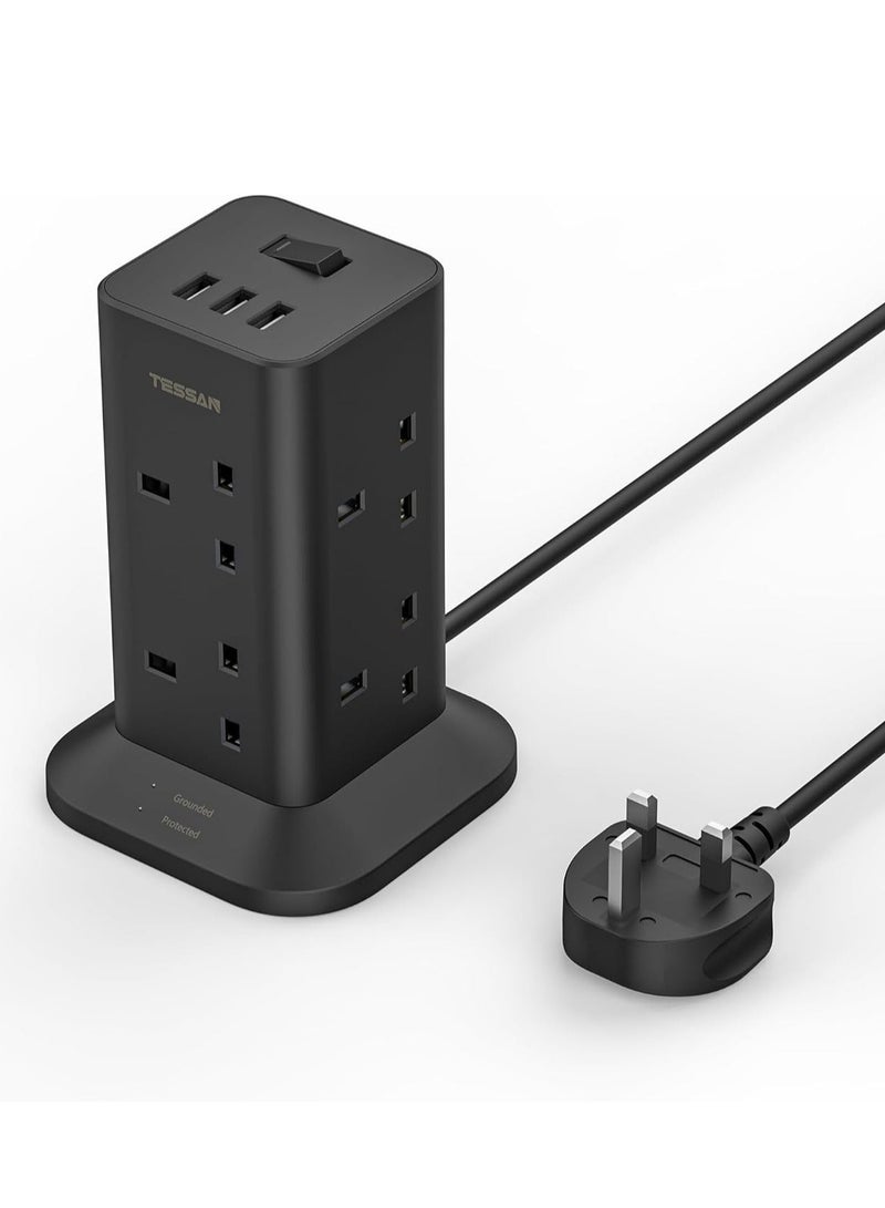 TESSAN Tower Extension Lead 2M With USB C Slots, TESSAN 8 Way Plug Extension Socket With 3 USB Ports, Multi Plug With Switch (13A 3250W), Anti Slip Pad Power Strip TESSAN 15 IN 1 Tower Extension Lead 12 AC Outlets, 2 USB-A, 1 USB-C For Office, Home, School & Kitchen Supplies Black - Image 1