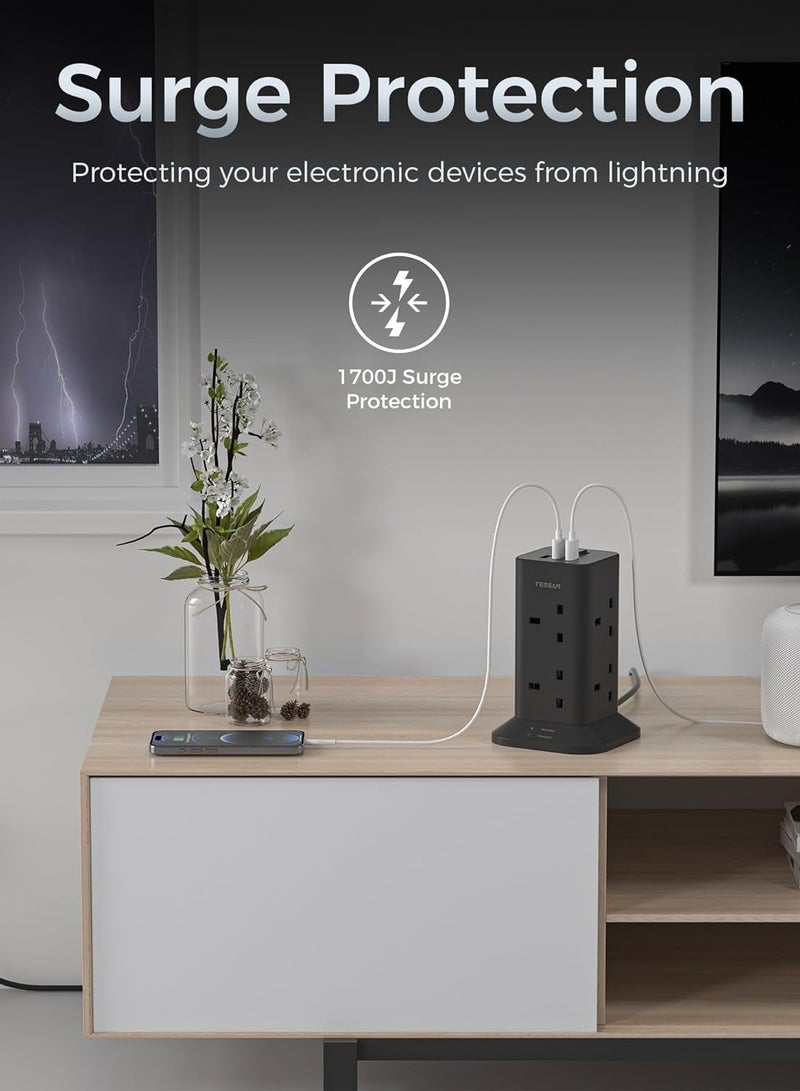 TESSAN Tower Extension Lead 2M With USB C Slots, TESSAN 8 Way Plug Extension Socket With 3 USB Ports, Multi Plug With Switch (13A 3250W), Anti Slip Pad Power Strip TESSAN 15 IN 1 Tower Extension Lead 12 AC Outlets, 2 USB-A, 1 USB-C For Office, Home, School & Kitchen Supplies Black - Image 4