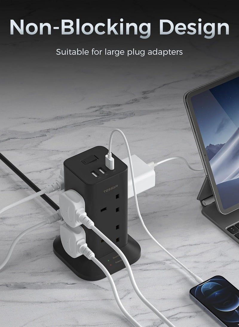 TESSAN Tower Extension Lead 2M With USB C Slots, TESSAN 8 Way Plug Extension Socket With 3 USB Ports, Multi Plug With Switch (13A 3250W), Anti Slip Pad Power Strip TESSAN 15 IN 1 Tower Extension Lead 12 AC Outlets, 2 USB-A, 1 USB-C For Office, Home, School & Kitchen Supplies Black - Image 5
