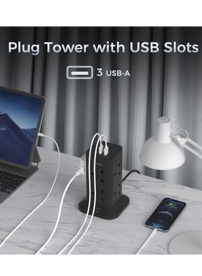 TESSAN Tower Extension Lead 2M With USB C Slots, TESSAN 8 Way Plug Extension Socket With 3 USB Ports, Multi Plug With Switch (13A 3250W), Anti Slip Pad Power Strip TESSAN 15 IN 1 Tower Extension Lead 12 AC Outlets, 2 USB-A, 1 USB-C For Office, Home, School & Kitchen Supplies Black - Image 2