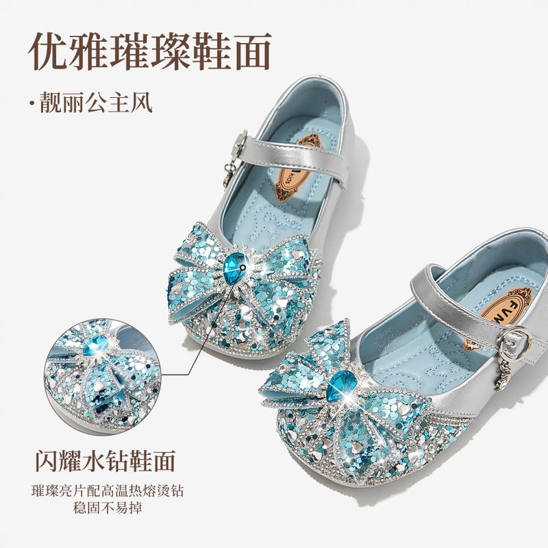 Girls'' Shoes Children''s Princess Crystal Shoes 2026 Spring and Summer New Elsa Small Leather Shoes Baby Elsa Princess Blue - Image 4