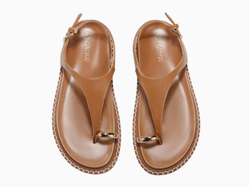 Coutgo Womens Toe Ring Flat Sandals Comfortable Flip Flops T Strap Footbed Sandals Ankle Strap Summer Beach Shoes,Brownï¼Œsize 6 - Image 4
