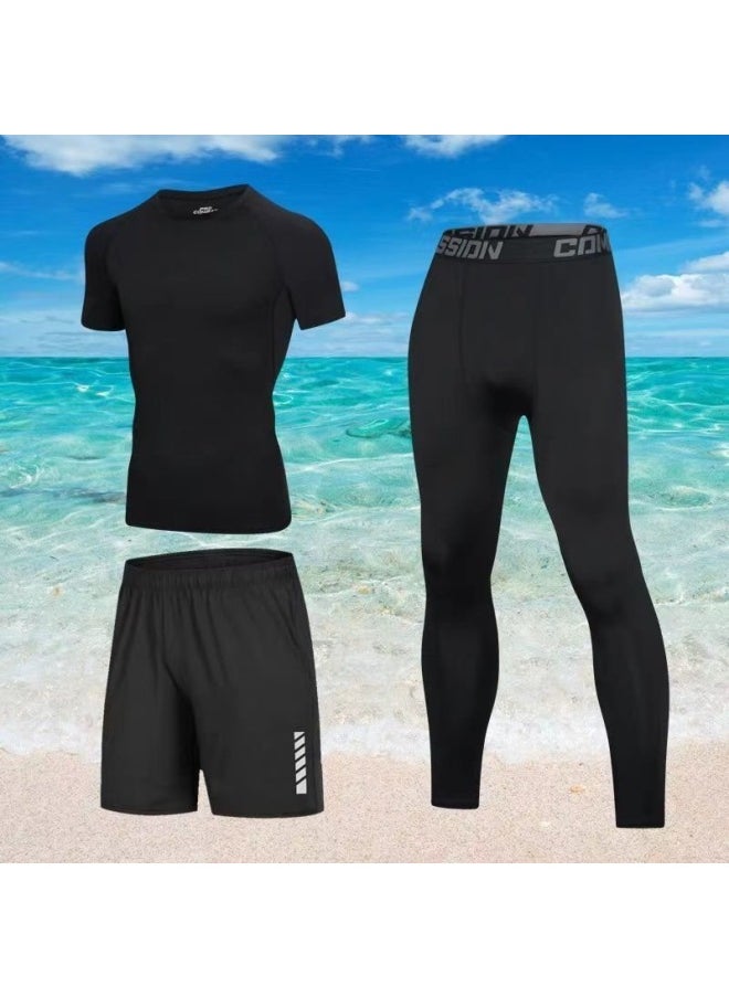 Generic - Body Swimsuit Men's Swimming Trunks Long Summer Quick-drying Sunscreen Long Sleeve Trousers Split Hot Spring Beach Surfing Snorkeling Factory-Color:❥☆#∝〃★Cx All Black Short Sleeves + Reflective Shorts + Black Tight Trousers☆❥-Size:❥☆L 【 60-70kg 】☆❥ - Image 1