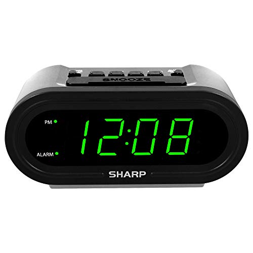 Sharp Digital Alarm with AccuSet - Automatic Smart Clock, Never Needs Setting - Great for Seniors, Kids, and Everyone who Doesn't Want to Set a Clock! Silver Case with Green LEDs - Image 1
