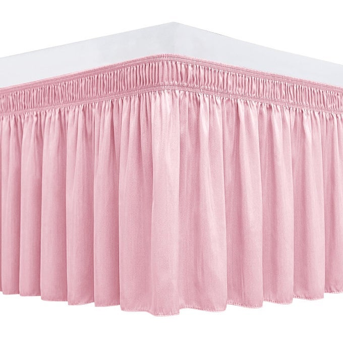 WRAP AROUND BED SKIRTS FOR QUEEN BEDS 15 DROP PINK ADJUSTABLE ELASTIC DUST RUFFLES EASY FIT WRINKLE FADE RESISTANT SILKY LUXURIOUS FABRIC MACHINE WASHABLE