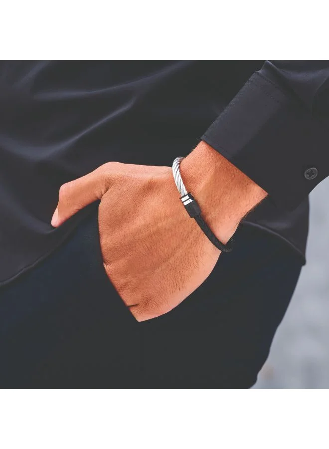 CERRUTI 1881  Hexa White Twisted Cord and Black Leather Bracelet for Men 180mm for Men | Best Price UAE