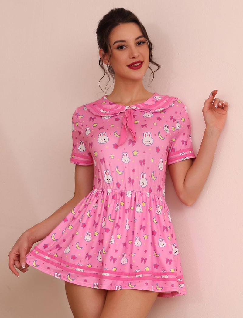 ABAFIP Women's One Piece Bodysuit Pajamas Romper Cute Short Sleeve Doll Collar Pjs Nightwear Rompers Dress Rose Medium - Image 5