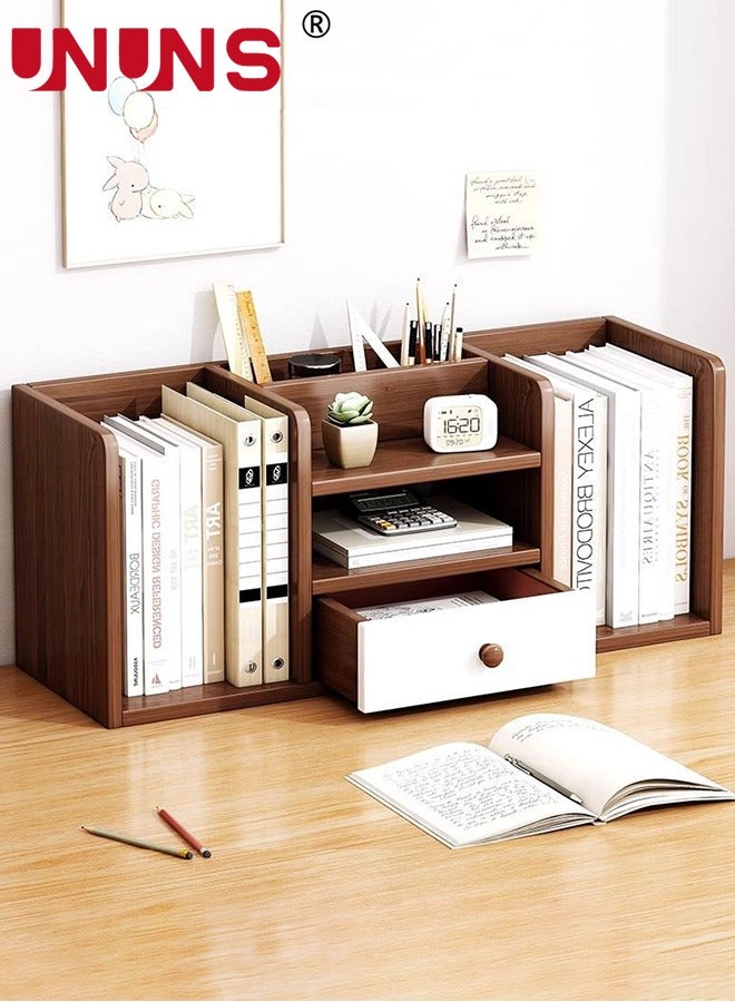 UNUNS Desktop Shelf Organizer,Six Compartments Wood Display Desk Shelf with Drawer,Office Storage Rack Tabletop Bookshelf Multipurpose Shelves For Home Decor,Office,Gifts,Brown - Image 1
