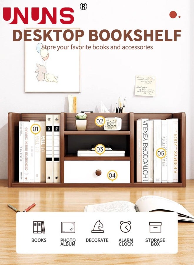 UNUNS Desktop Shelf Organizer,Six Compartments Wood Display Desk Shelf with Drawer,Office Storage Rack Tabletop Bookshelf Multipurpose Shelves For Home Decor,Office,Gifts,Brown - Image 2