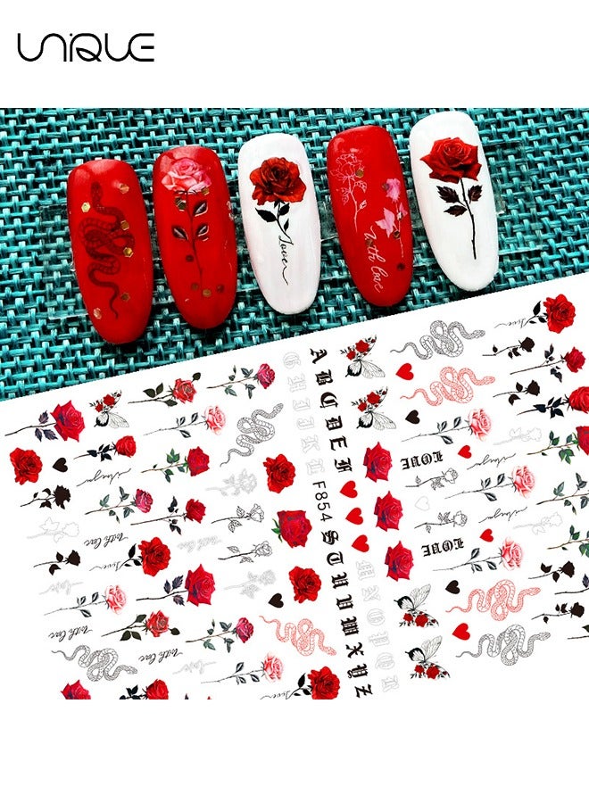 يونيك 6 أوراق روز مسمار الفن ملصقات، 3D الأزرق الوردي الأحمر روز مسمار زيني، ثعبان ورقة فراشة الأزهار مسمار تصميم زين مسمار الديكور - Image 2