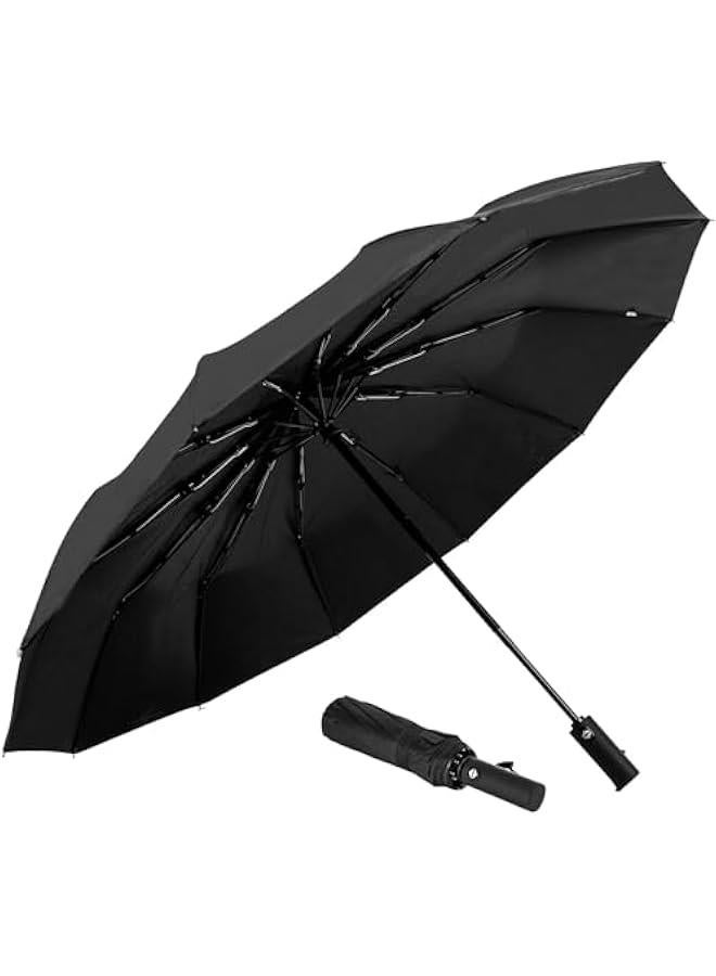 HOOKOR Travel Umbrella,12 Ribs Compact Windproof Folding Black Umbrella,Automatic Umbrellas for Rain,Sun,Backpack,Car,Travel,Golf.  - Image 1