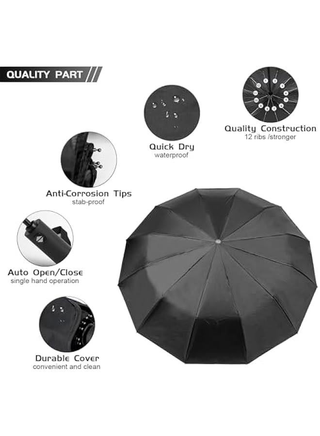 HOOKOR Travel Umbrella,12 Ribs Compact Windproof Folding Black Umbrella,Automatic Umbrellas for Rain,Sun,Backpack,Car,Travel,Golf.  - Image 2