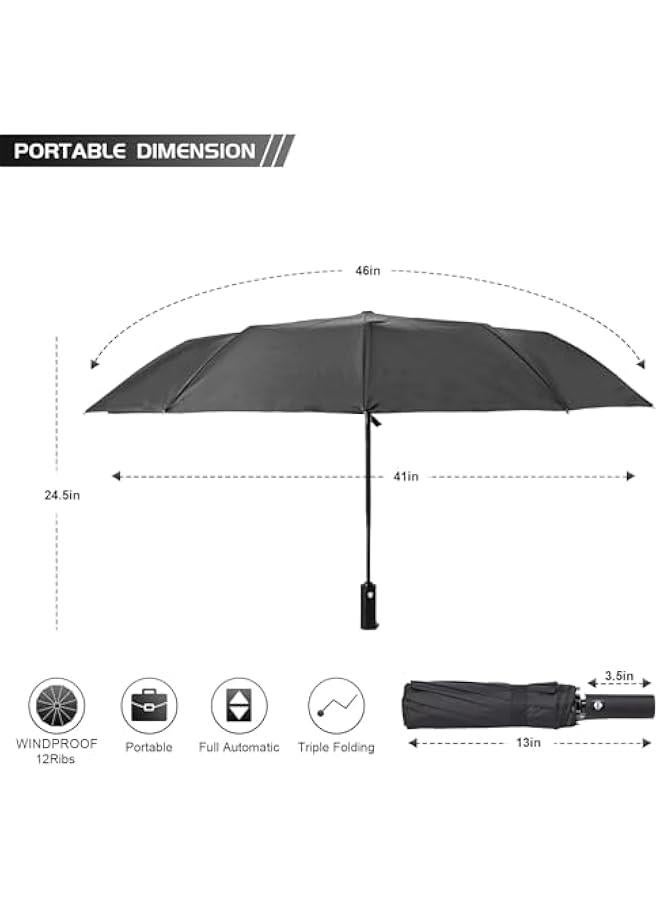 HOOKOR Travel Umbrella,12 Ribs Compact Windproof Folding Black Umbrella,Automatic Umbrellas for Rain,Sun,Backpack,Car,Travel,Golf.  - Image 3
