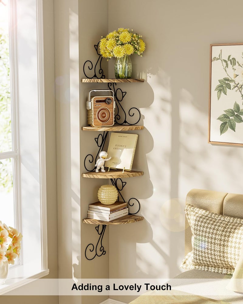 Alsonerbay Wall Mount Corner Shelves 4 Tier Floating Corner Storage Wood Shelves Decorative Rustic Radial Shelf in Cat Shape Carbonized Black - Image 4