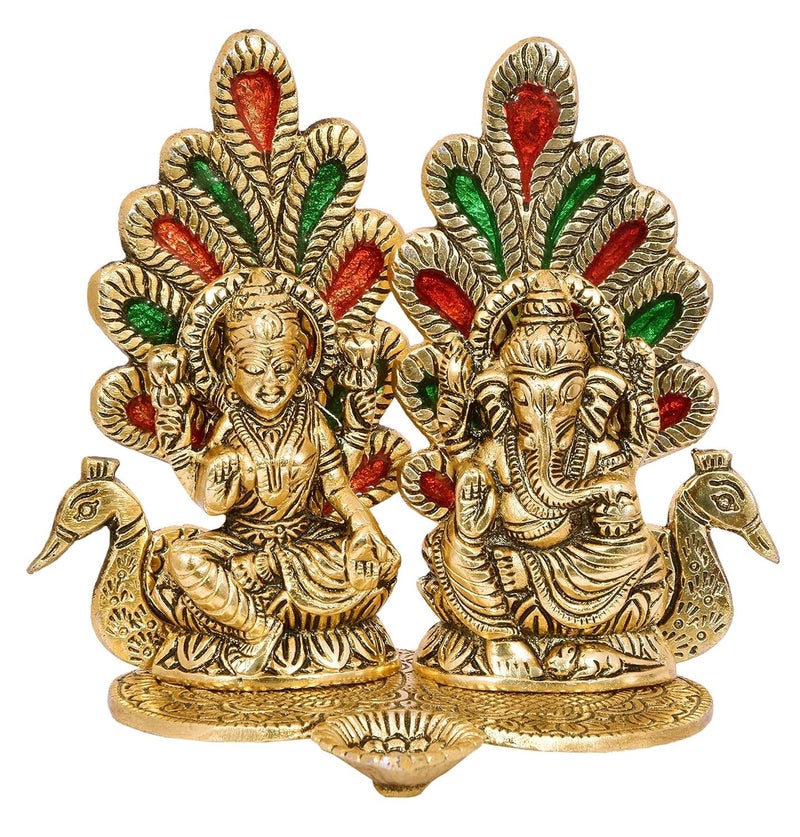 Chhariya Crafts Laxmi Ganesh Idol Statue with Diya Peacock Design Decorative Showpiece for Home and Office Decor Gift Item - 14 cm (Metal, Gold) - Image 3