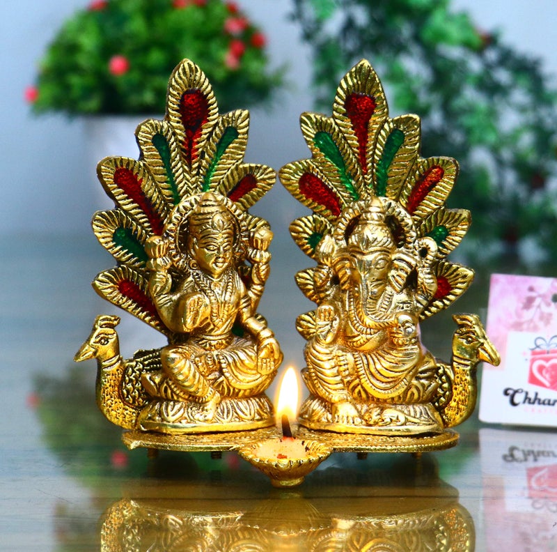 Chhariya Crafts Laxmi Ganesh Idol Statue with Diya Peacock Design Decorative Showpiece for Home and Office Decor Gift Item - 14 cm (Metal, Gold) - Image 1