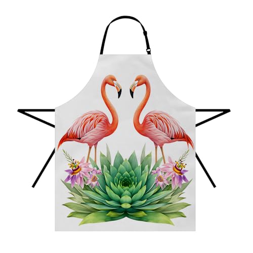 Moslion Flamingo Apron 31x27 Inch Tropical Love Birds Feather Romance Brushstroke Splash Watercolor Kitchen Chef Waitress Cook Aprons Bib with Adjustable Neck for Women Men Girls - Image 1
