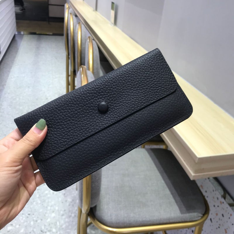 First Layer Cowhide Large Capacity Long Hand Wallet Womens 2023 New Style Simple Elegant Wallet Ultra-thin Leather Card Holder Black 