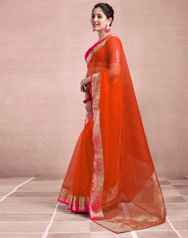SIRIL Women's Organza Jacquard Woven Zari Stripe Saree With Unstitched Blouse Piece (3644S427_Orange) - Image 2