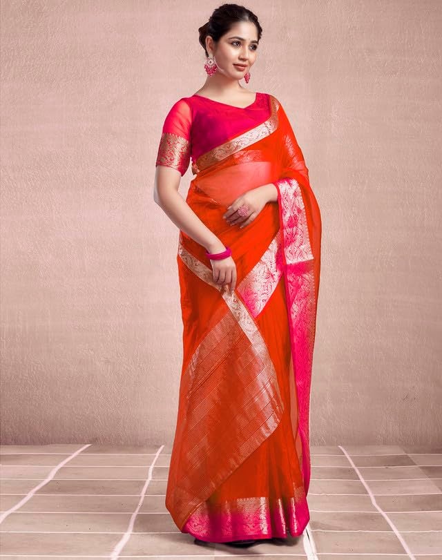 SIRIL Women's Organza Jacquard Woven Zari Stripe Saree With Unstitched Blouse Piece (3644S427_Orange) - Image 3