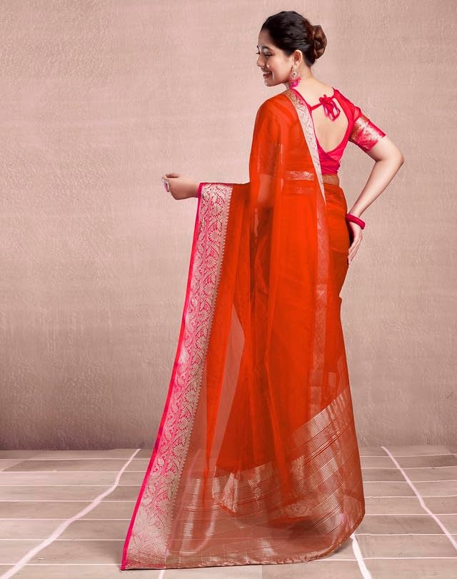 SIRIL Women's Organza Jacquard Woven Zari Stripe Saree With Unstitched Blouse Piece (3644S427_Orange) - Image 4