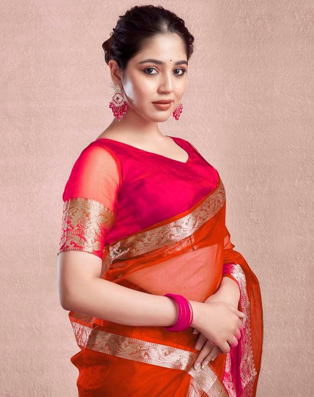 SIRIL Women's Organza Jacquard Woven Zari Stripe Saree With Unstitched Blouse Piece (3644S427_Orange) - Image 5