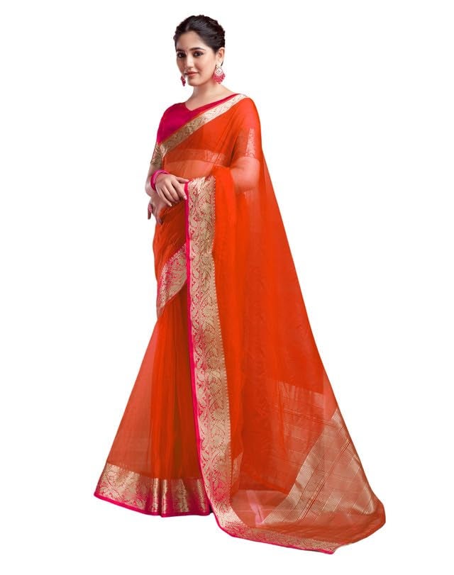 SIRIL Women's Organza Jacquard Woven Zari Stripe Saree With Unstitched Blouse Piece (3644S427_Orange) - Image 1