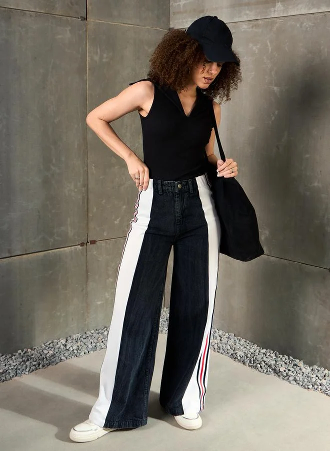 SASSAFRAS Sassafras Black Washed Side Tape Wide Leg Jeans