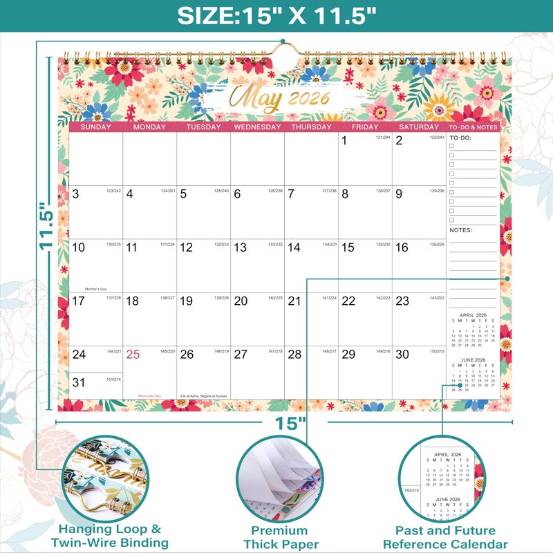 Feteulo 2026 Calendar - 2026 Wall Calendar 12 Month, 14.6" x 11.5", Calendar 2026, Large Wall Calendar 2026 from Jan. 2026 - Dec. 2026, 2026 Hanging Calendar, Twin-Wire Binding, Julian Dates - Image 4